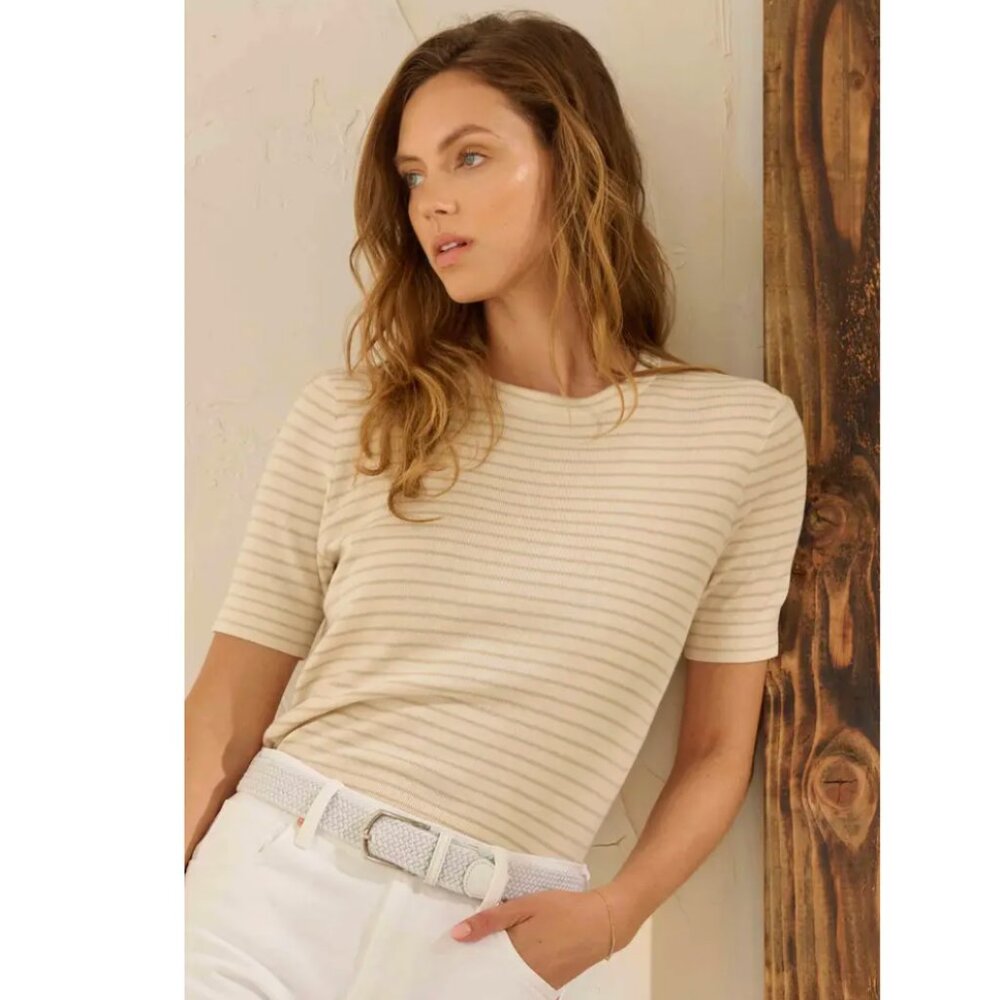 Italic Emelie Featherlight Silk Cashmere Tee, beige stripes, size Medium